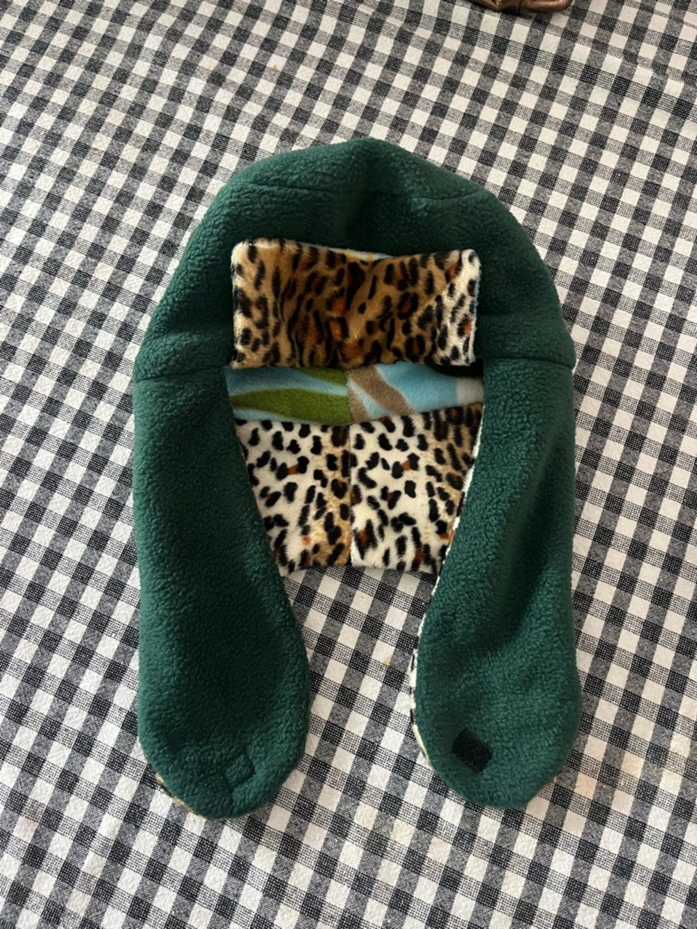 Handmade Hawaii Plush Earflap Hat in Dark Green with Leopard Print Lining
